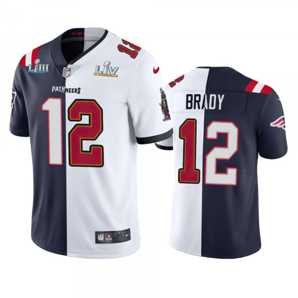 Personalized Men’s Buccaneers Patriots #12 Tom Brady Split GOAT Two Tone Super Bowl Stitched Jersey White Navy