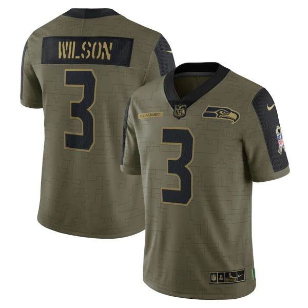 Personalized Men’s #3 Russell Wilson Seattle Seahawks Olive 2021 Salute To Service Limited Jersey
