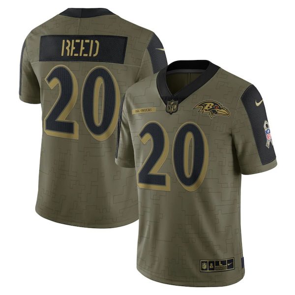 Personalized Men’s #20 Ed Reed Baltimore Ravens Olive 2021 Salute To Service Limited Jersey