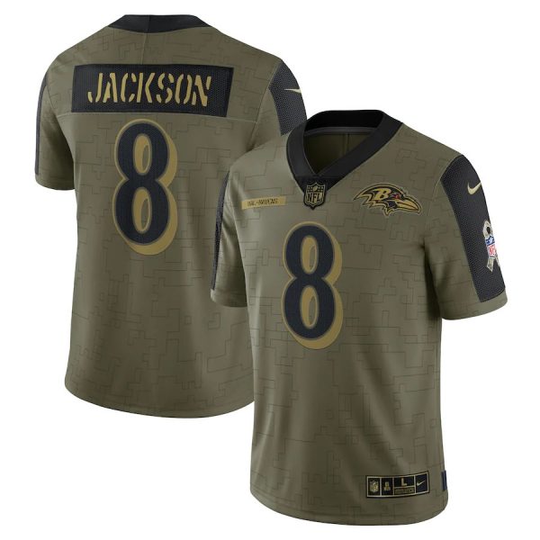 Personalized Men’s #8 Lamar Jackson Baltimore Ravens Olive 2021 Salute To Service Limited Jersey