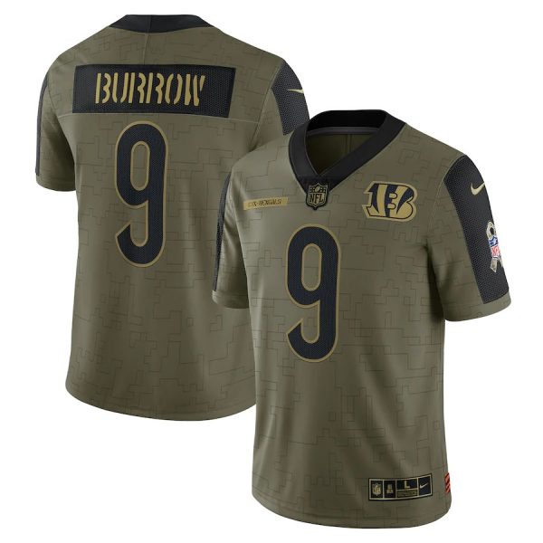 Personalized Men’s #9 Joe Burrow Cincinnati Bengals Olive 2021 Salute To Service Limited Jersey