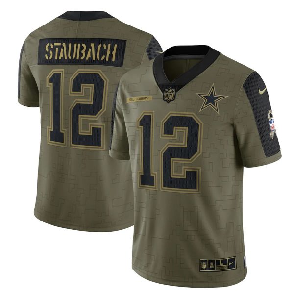 Personalized Men’s #12 Roger Staubach Dallas Cowboys Olive 2021 Salute To Service Limited Jersey