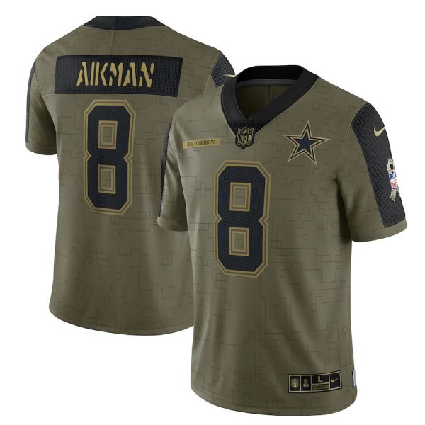 Personalized Men’s #8 Troy Aikman Dallas Cowboys Olive 2021 Salute To Service Limited Jersey