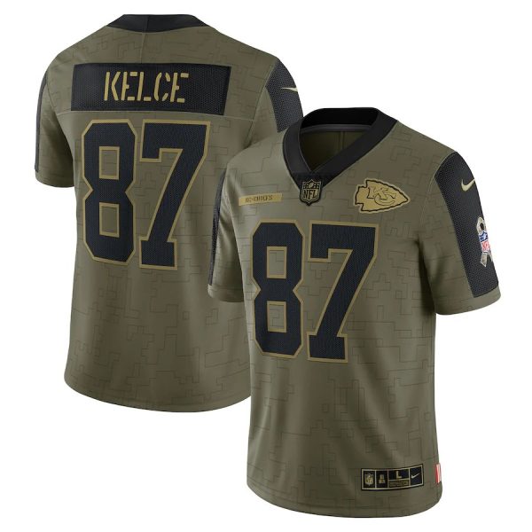 Personalized Men’s #87 Travis Kelce Kansas City Chiefs Olive 2021 Salute To Service Limited Jersey