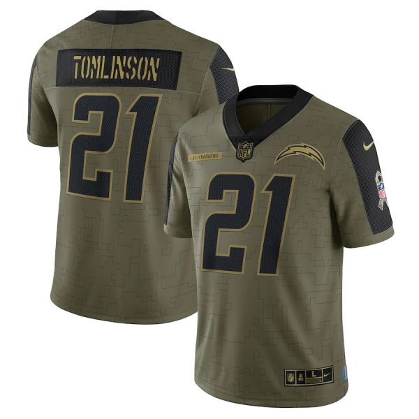 Personalized Men’s #21 LaDainian Tomlinson Los Angeles Chargers Olive 2021 Salute To Service Limited Jersey