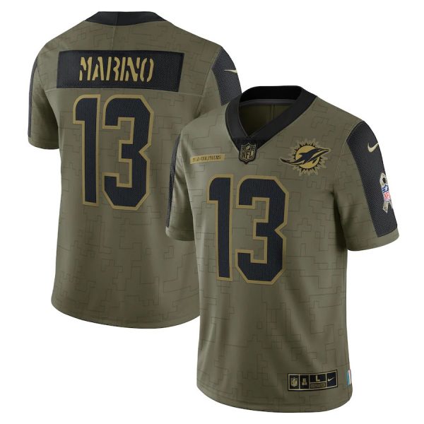 Personalized Men’s #13 Dan Marino Miami Dolphins Olive 2021 Salute To Service Limited Jersey