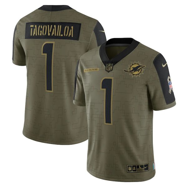 Personalized Men’s #1 Tua Tagovailoa Miami Dolphins Olive 2021 Salute To Service Limited Jersey
