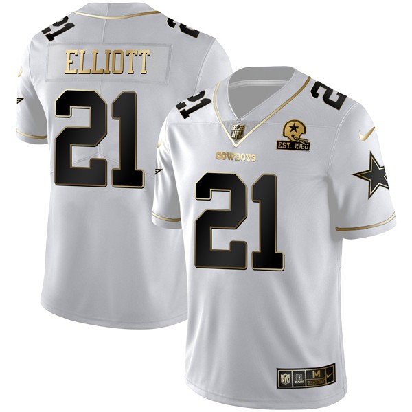 Personalized Men’s Ezekiel Elliott Dallas Cowboys White Golden 1960 Patch Limited Jersey Stitched