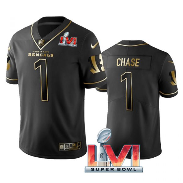 Personalized Men’s Ja’Marr Chase Cincinnati Bengals 2022 Super Bowl LVI Black Golden Stitched Jersey