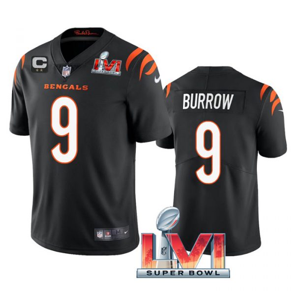 Personalized Men’s Joe Burrow Cincinnati Bengals 2022 Super Bowl LVI Captain Patch Limited Jersey Black