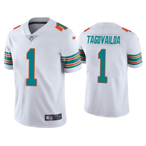 Personalized Men’s Tua Tagovailoa Miami Dolphins Throwback Limited Stitched Jersey White