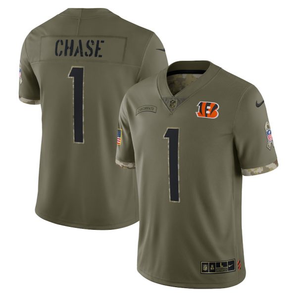 Personalized Youth Jamarr Chase Cincinnati Bengals Olive 2022 Salute To Service Jersey Stitched