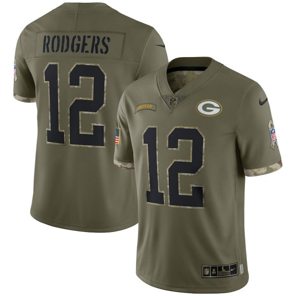Personalized Youth Aaron Rodgers Green Bay Packers Olive 2022 Salute To Service Jersey Stitched
