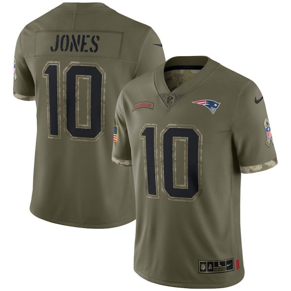 Personalized Youth Mac Jones New England Patriots Olive 2022 Salute To Service Jersey Stitched
