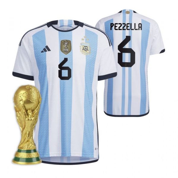 Personalized Women’s German Pezzella Argentina National Team White Home 3 Stars 2022 World Cup Champions Jersey