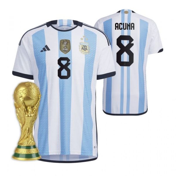 Personalized Women’s Marcos Acuna Argentina National Team White Home 3 Stars 2022 World Cup Champions Jersey