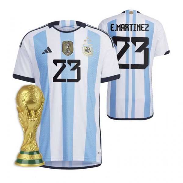 Personalized Men’s Emiliano Martinez Argentina National Team White Home 3 Stars 2022 World Cup Champions Jersey