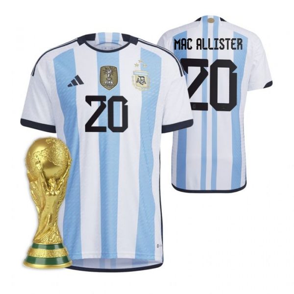 Personalized Men’s Alexis Mac Allister Argentina National Team White Home 3 Stars 2022 World Cup Champions Jersey