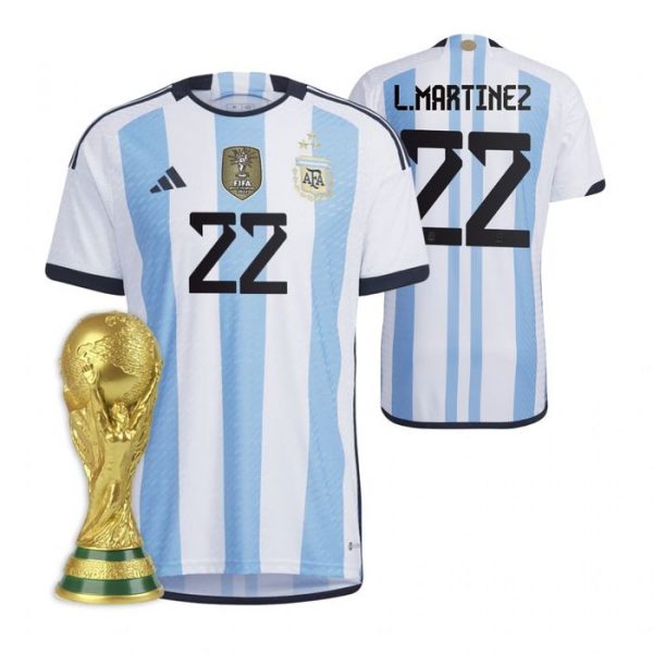 Personalized Men’s Lautaro Martinez Argentina National Team White Home 3 Stars 2022 World Cup Champions Jersey