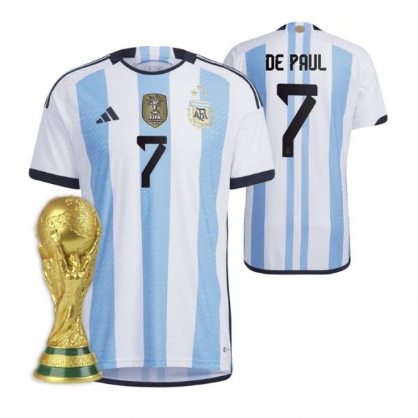 Personalized Men’s Rodrigo De Paul Argentina National Team White Home 3 Stars 2022 World Cup Champions Jersey