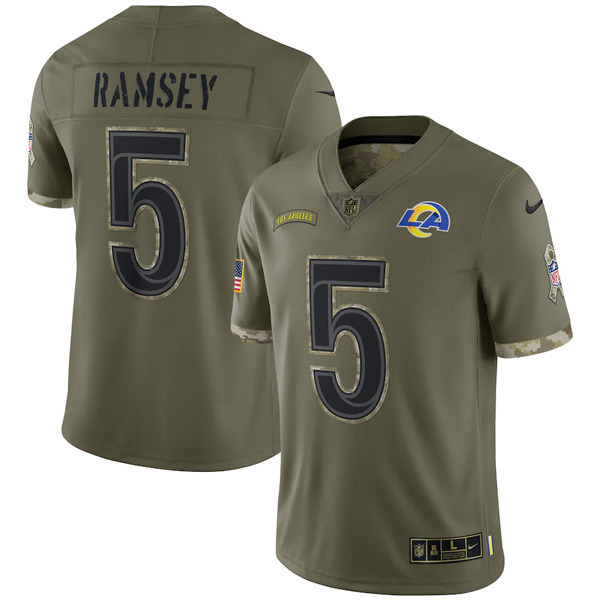 Personalized Youth Jalen Ramsey Los Angeles Rams Olive 2022 Salute To Service Jersey Stitched