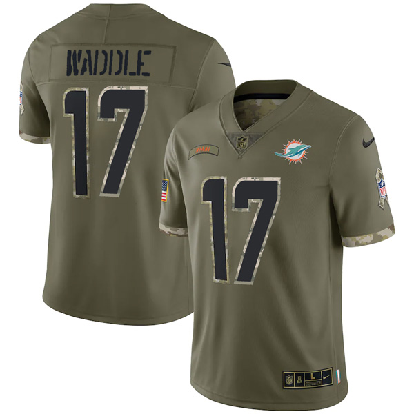 Personalized Youth Jaylen Waddle Miami Dolphins Olive 2022 Salute To Service Jersey Stitched