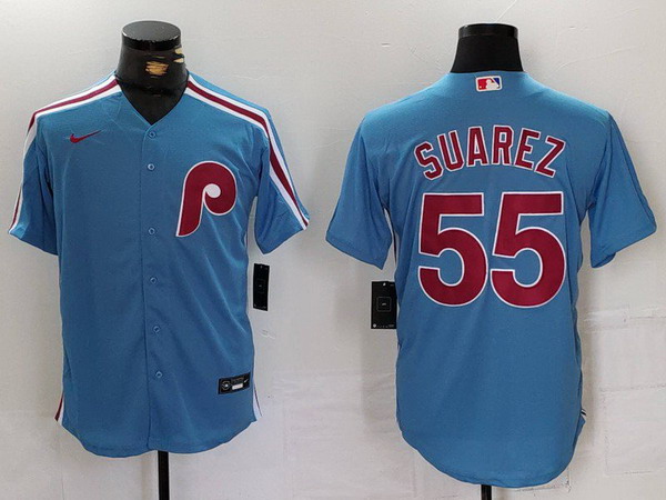 Personalized Men’s Philadelphia Phillies #55 Ranger Suarez Light Blue Throwback Jersey