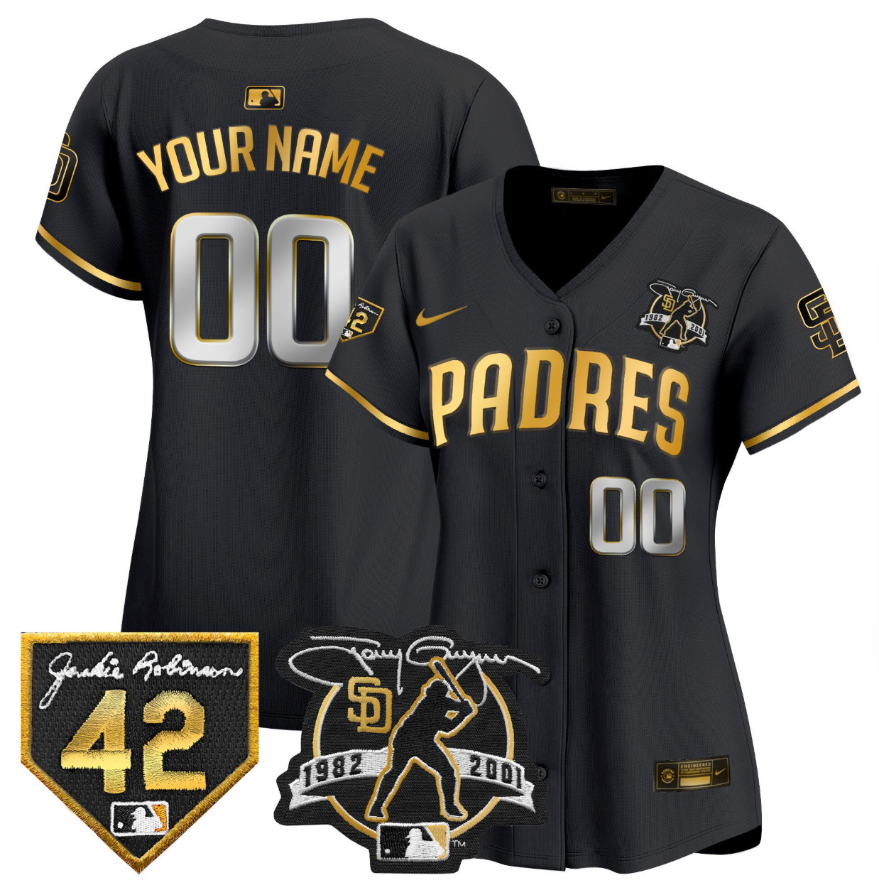 Personalized Custom Women’s San Diego Padres 2024 Tony Gwynn & Robinson Patch Premier Limited Jersey Black