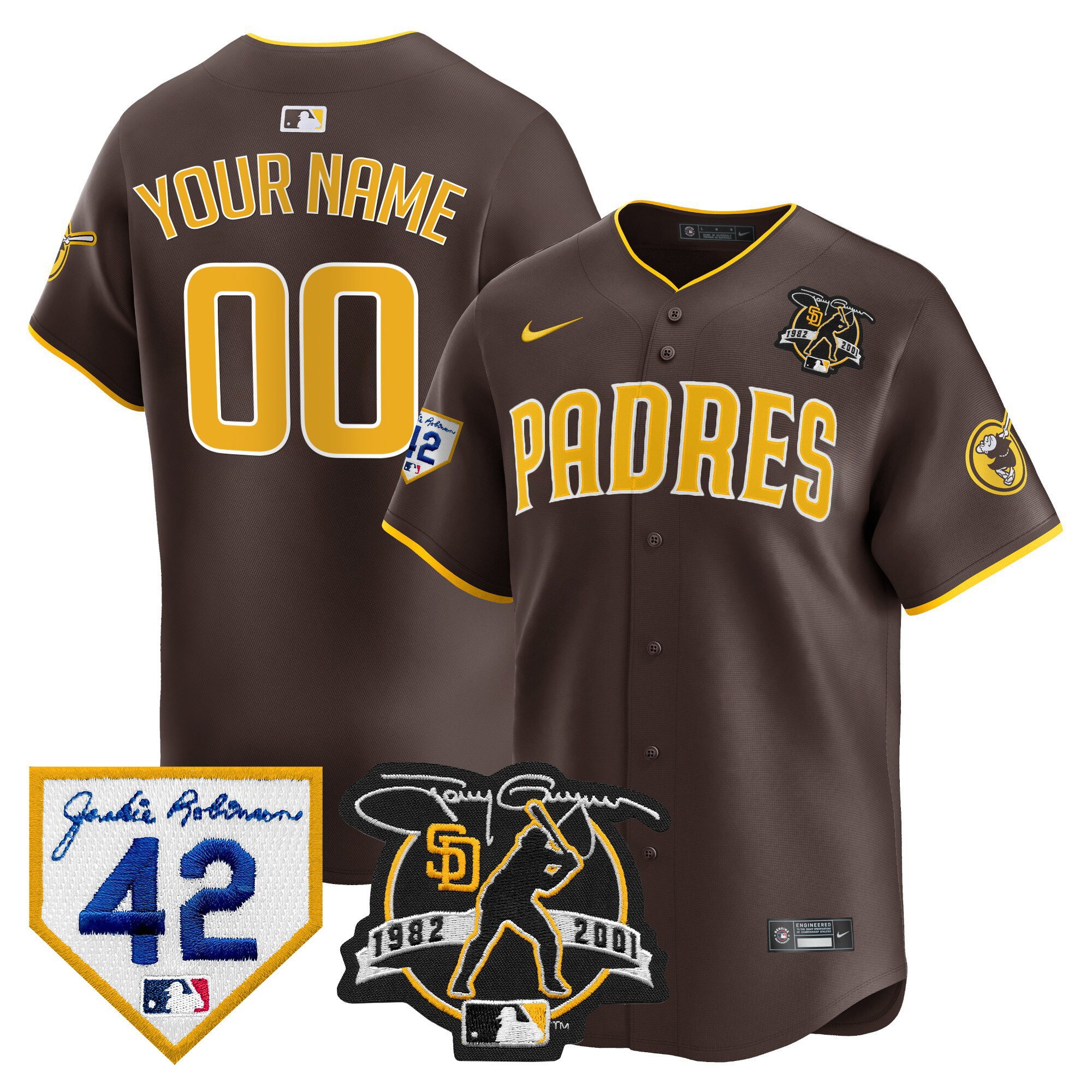 Personalized Custom San Diego Padres 2024 Tony Gwynn & Robinson Patch Premier Limited Jersey Brown