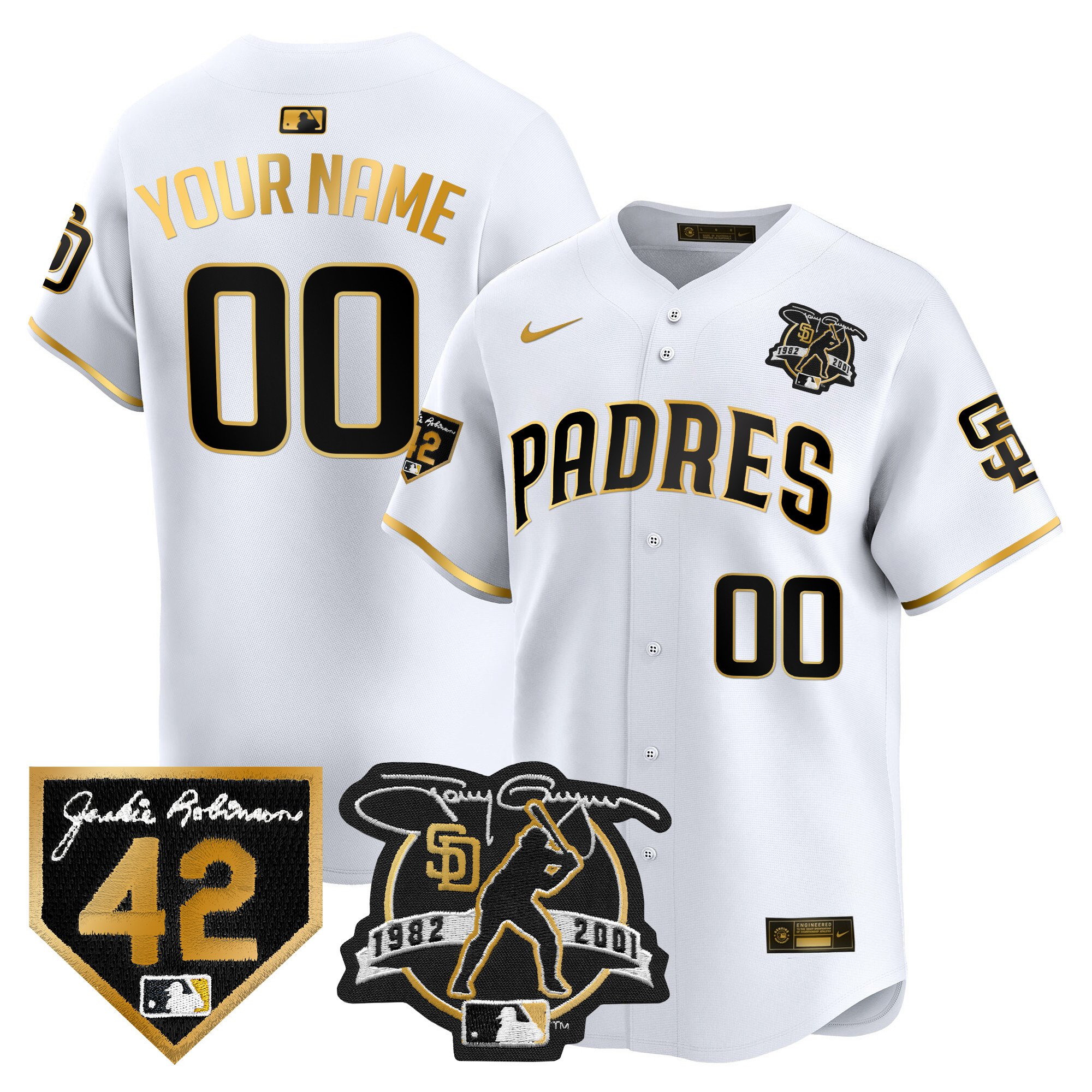 Personalized Custom San Diego Padres 2024 Tony Gwynn & Robinson Patch Premier Limited Jersey White Gold