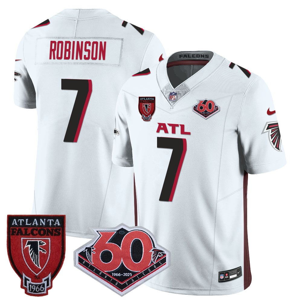 Personalized Men’s Atlanta Falcons #7 Bijan Robinson 60th Season Limited White Jerseys