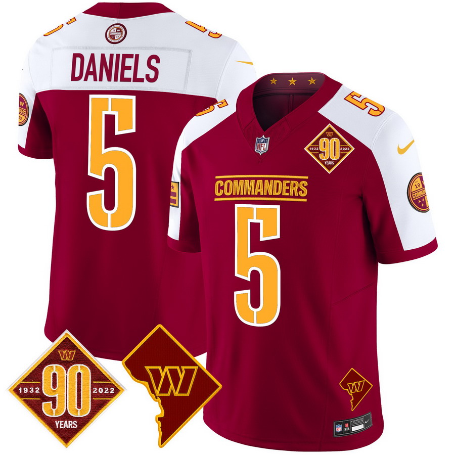 Personalized Men’s Washington Commanders #5 Jayden Daniels 90th Anniversary & Home Patch Limited Jersey Burgundy Alternate