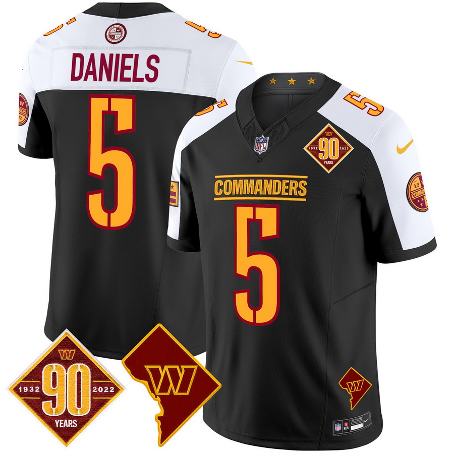 Personalized Men’s Washington Commanders #5 Jayden Daniels 90th Anniversary & Home Patch Limited Jersey Black Alternate