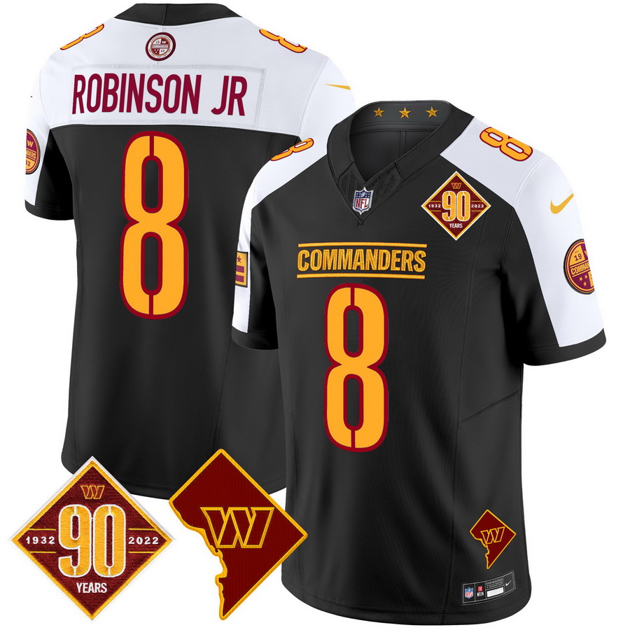 Personalized Men’s Washington Commanders #8 Robinson Jr. 90th Anniversary & Home Patch Limited Jersey Black Alternate