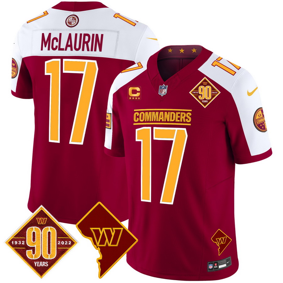 Personalized Men’s Washington Commanders #17 Terry McLaurin 90th Anniversary & Home Patch Limited Jersey Burgundy Alternate