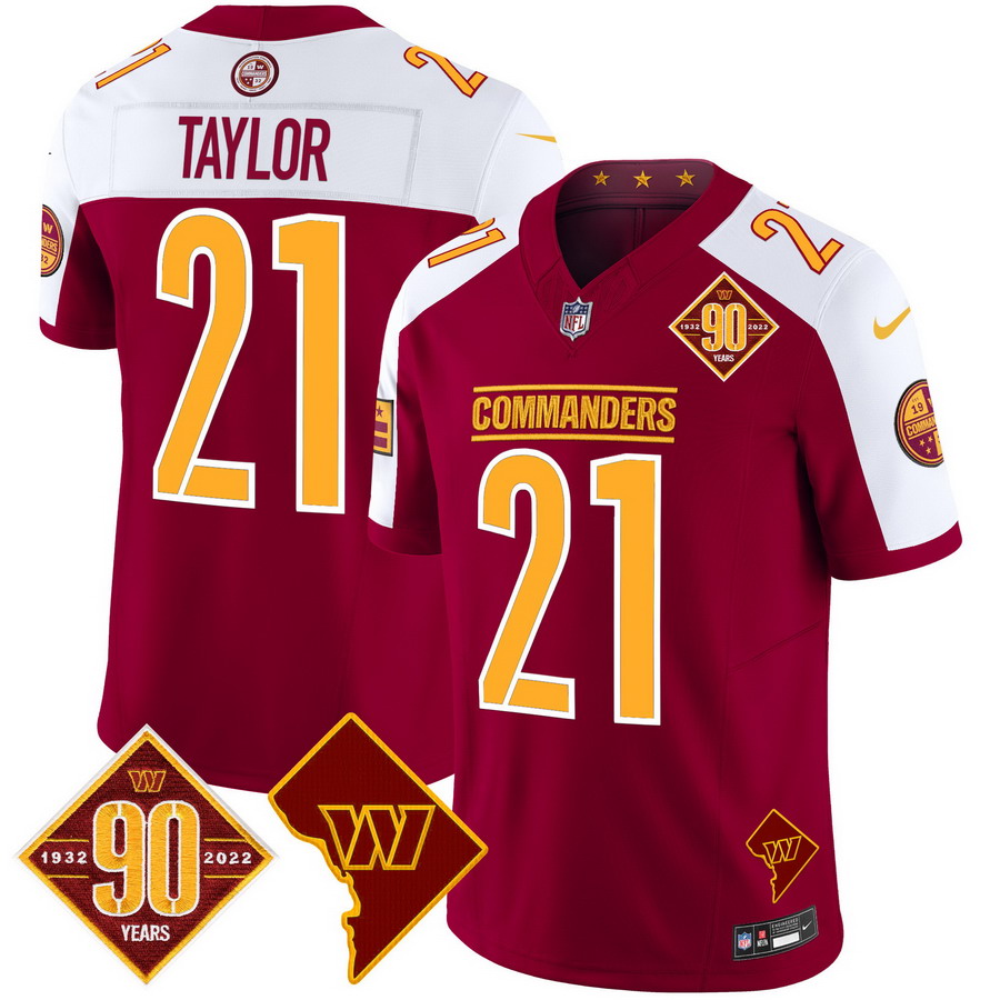 Personalized Men’s Washington Commanders #21 Sean Taylor 90th Anniversary & Home Patch Limited Jersey Burgundy Alternate