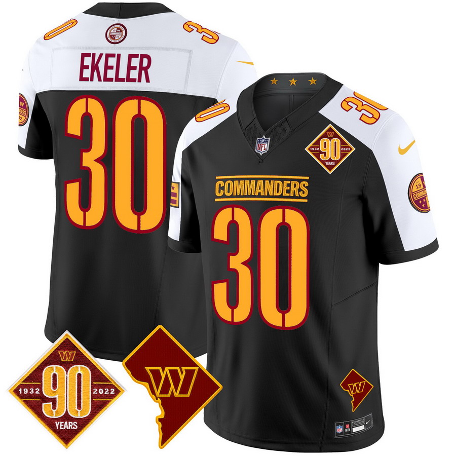 Personalized Men’s Washington Commanders #30 Austin Ekeler 90th Anniversary & Home Patch Limited Jersey Black Alternate
