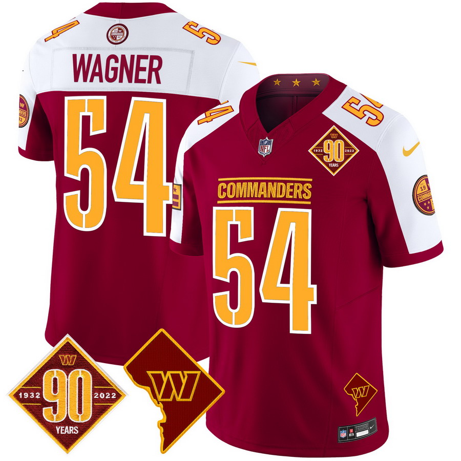 Personalized Men’s Washington Commanders #54 Bobby Wagner 90th Anniversary & Home Patch Limited Jersey Burgundy Alternate