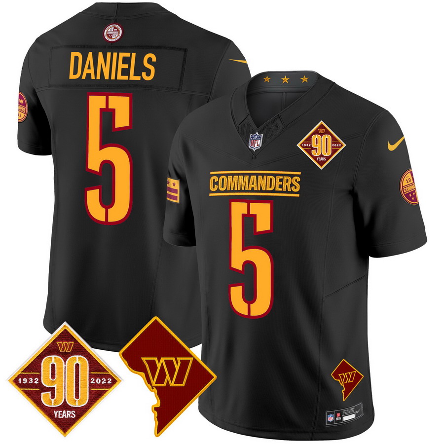 Personalized Men’s Washington Commanders #5 Jayden Daniels 90th Anniversary & Home Patch Limited Jersey Black