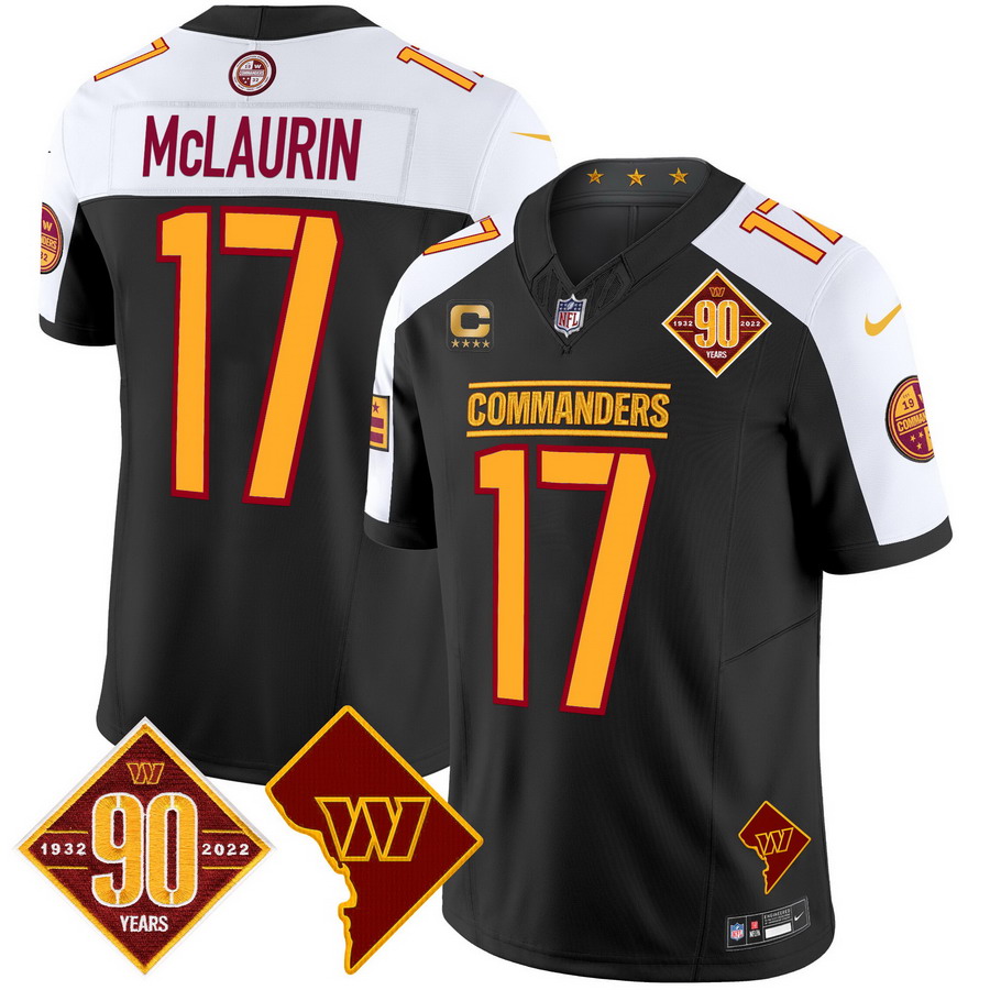 Personalized Men’s Washington Commanders #17 Terry McLaurin 90th Anniversary & Home Patch Limited Jersey Black Alternate