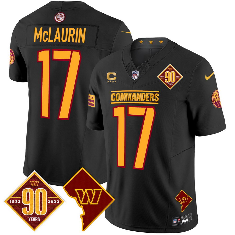 Personalized Men’s Washington Commanders #17 Terry McLaurin 90th Anniversary & Home Patch Limited Jersey Black