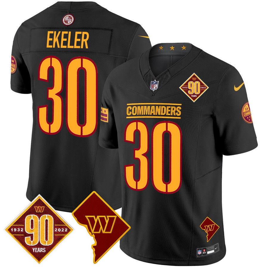 Personalized Men’s Washington Commanders #30 Austin Ekeler 90th Anniversary & Home Patch Limited Jersey Black