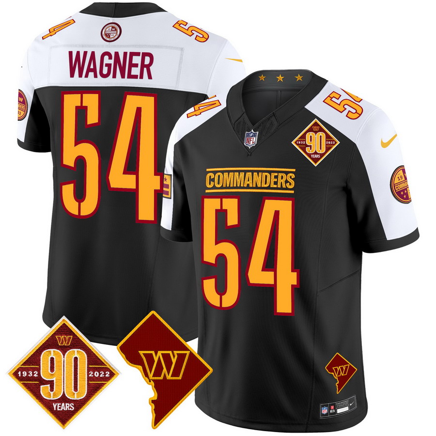 Personalized Men’s Washington Commanders #54 Bobby Wagner 90th Anniversary & Home Patch Limited Jersey Black Alternate