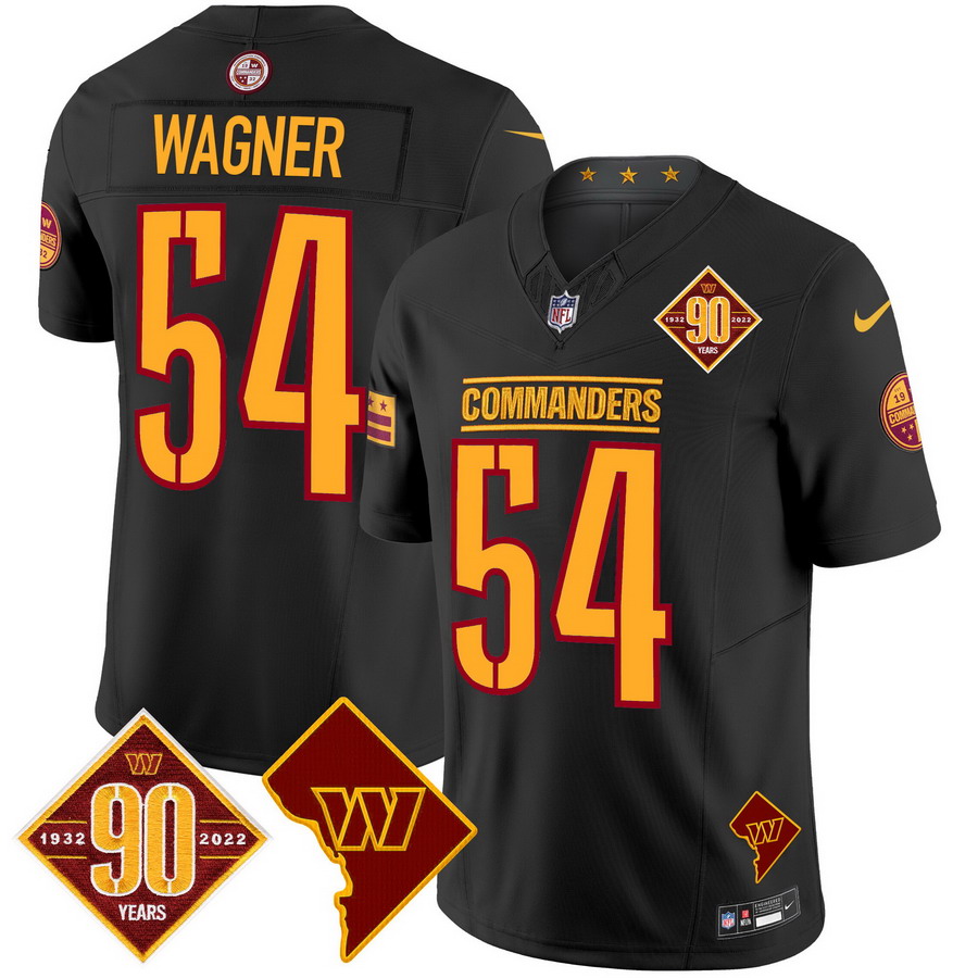Personalized Men’s Washington Commanders #54 Bobby Wagner 90th Anniversary & Home Patch Limited Jersey Black
