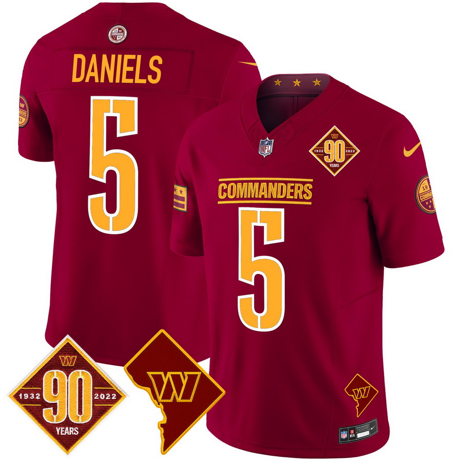 Personalized Men’s Washington Commanders #5 Jayden Daniels 90th Anniversary & Home Patch Limited Jersey Burgundy
