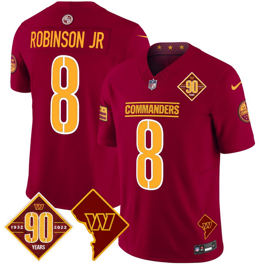 Personalized Men’s Washington Commanders #8 Robinson Jr. 90th Anniversary & Home Patch Limited Jersey Burgundy