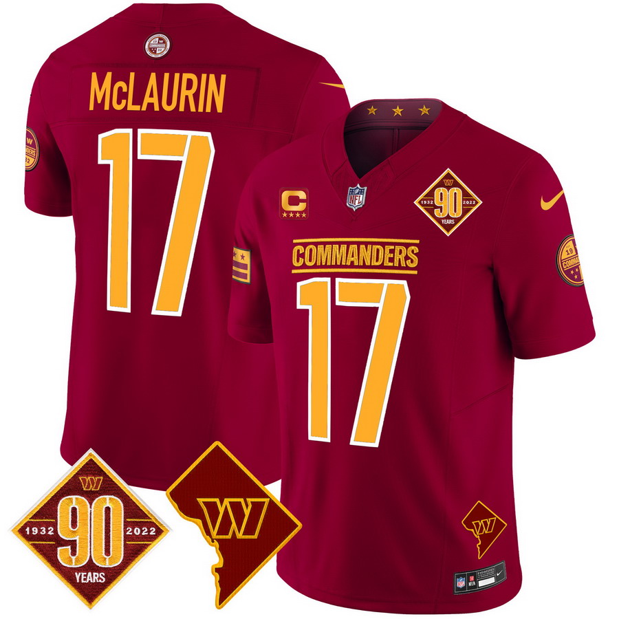 Personalized Men’s Washington Commanders #17 Terry McLaurin 90th Anniversary & Home Patch Limited Jersey Burgundy