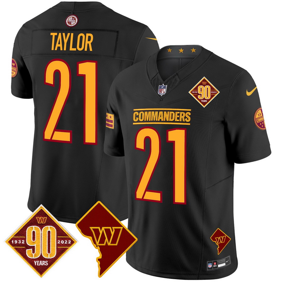 Personalized Men’s Washington Commanders #21 Sean Taylor 90th Anniversary & Home Patch Limited Jersey Black
