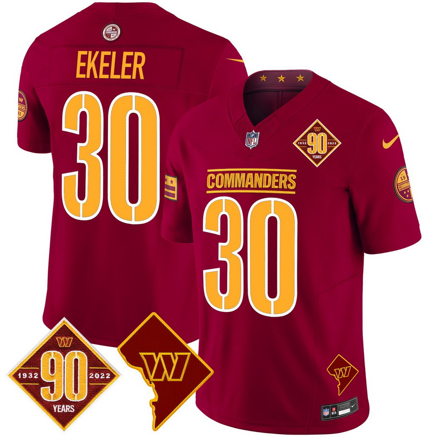 Personalized Men’s Washington Commanders #30 Austin Ekeler 90th Anniversary & Home Patch Limited Jersey Burgundy