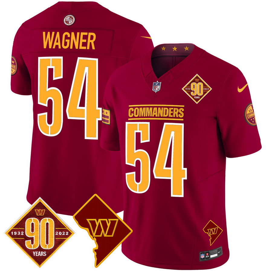 Personalized Men’s Washington Commanders #54 Bobby Wagner 90th Anniversary & Home Patch Limited Jersey Burgundy